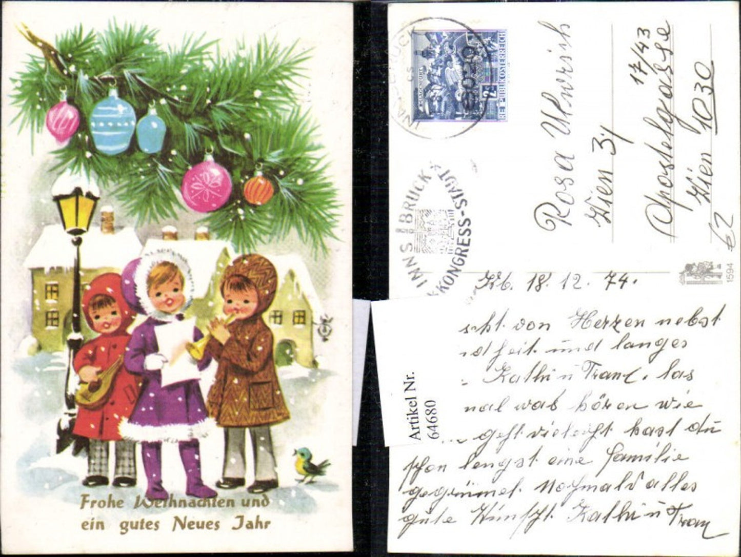 64680, Artist Ak Christmas Children Singing Music Flute Mandolin Village Snow Snowfall Fir Branch Christmas Tree Baubles