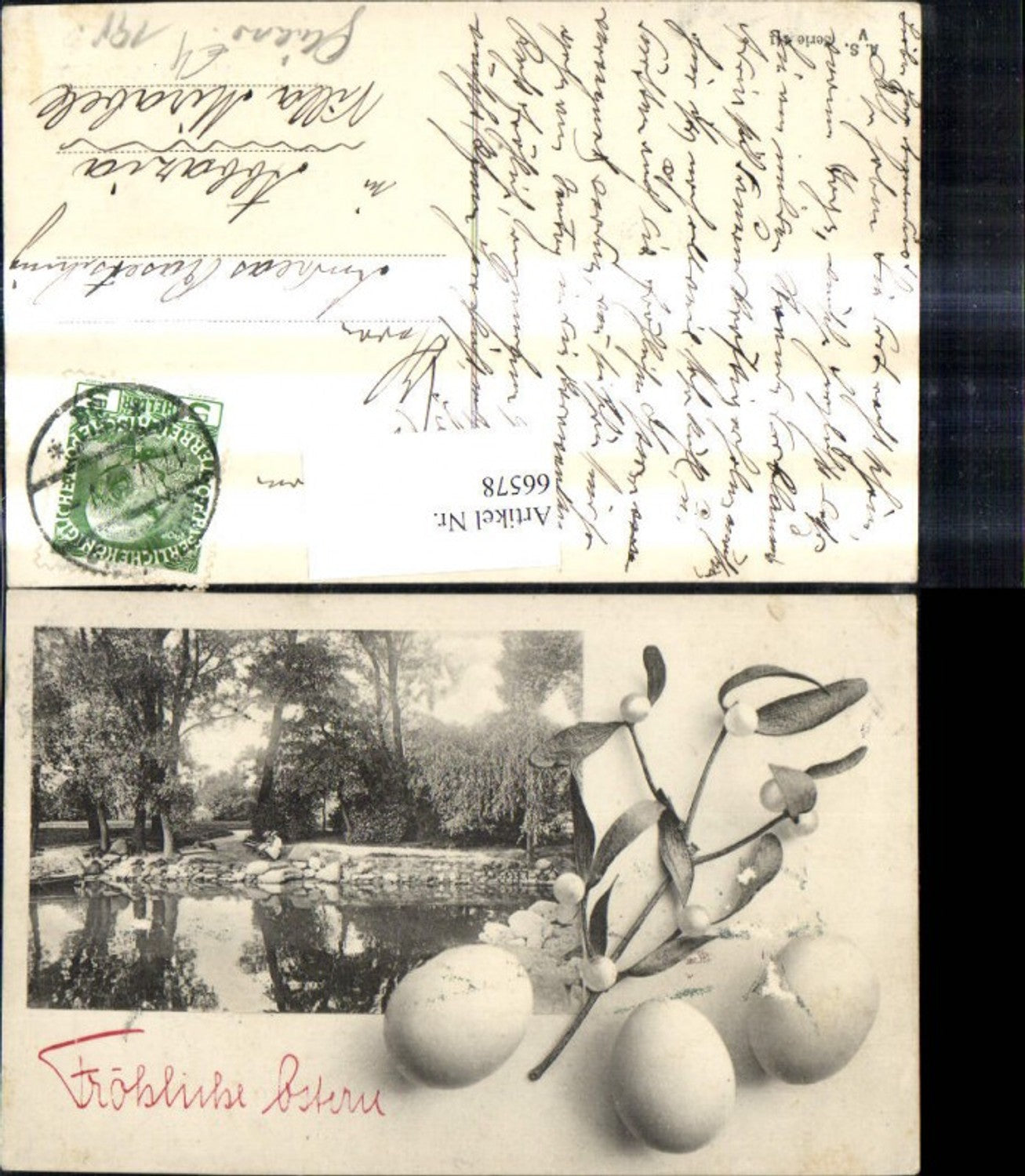 66578,Ostern See Teich m. Frau Ufer Mistelzweig Ostereier Eier