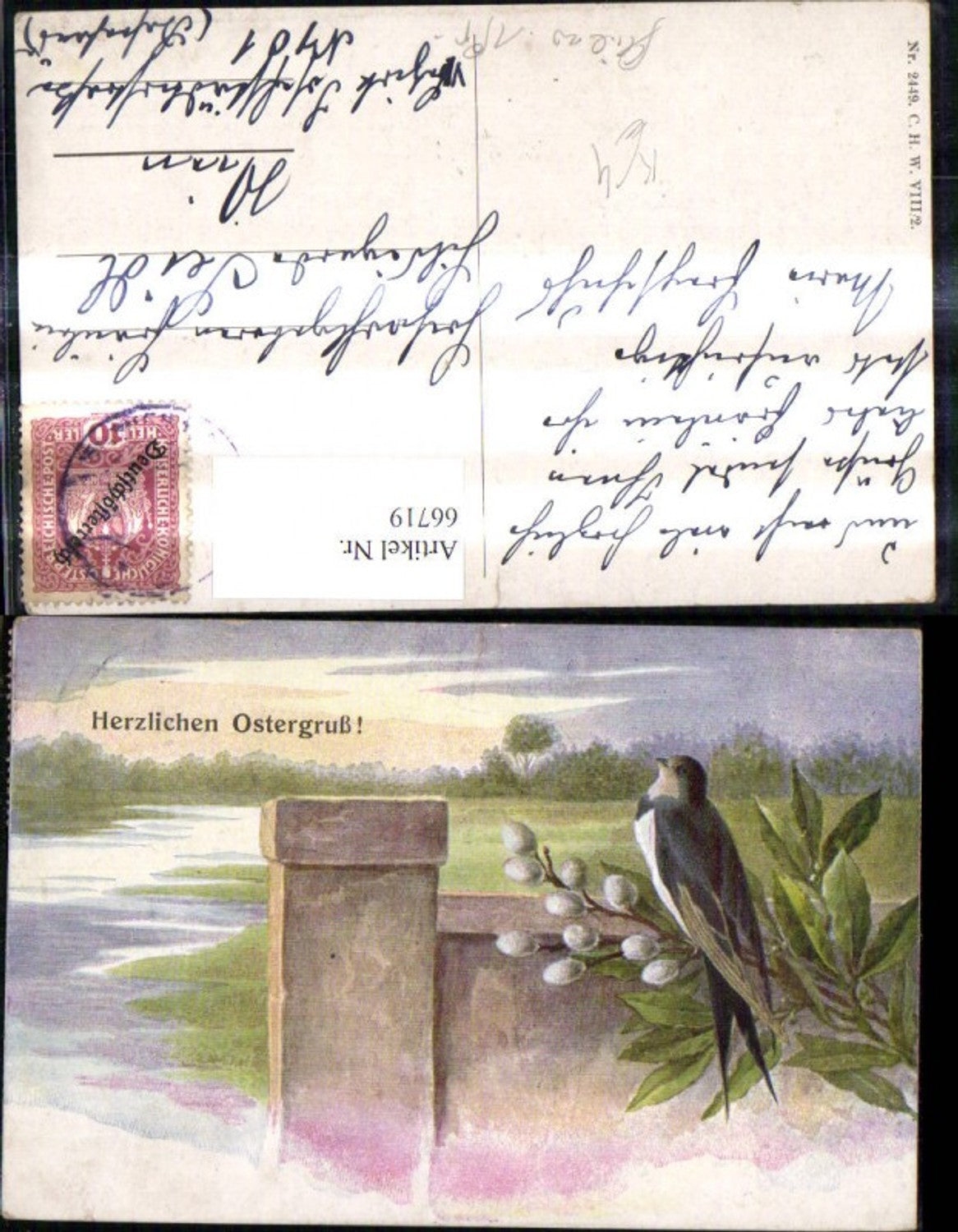 66719,Künstler Ak Ostern Schalbe Vogel a. Mauer Palmkätzchenzweig