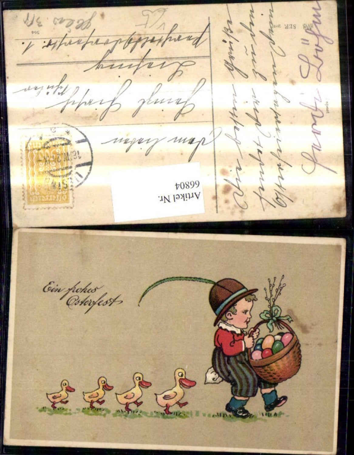 66804,Künstler Ak Ostern Bub Junge m. Korb Ostereier Enten Entenmarsch pub HWB 2097