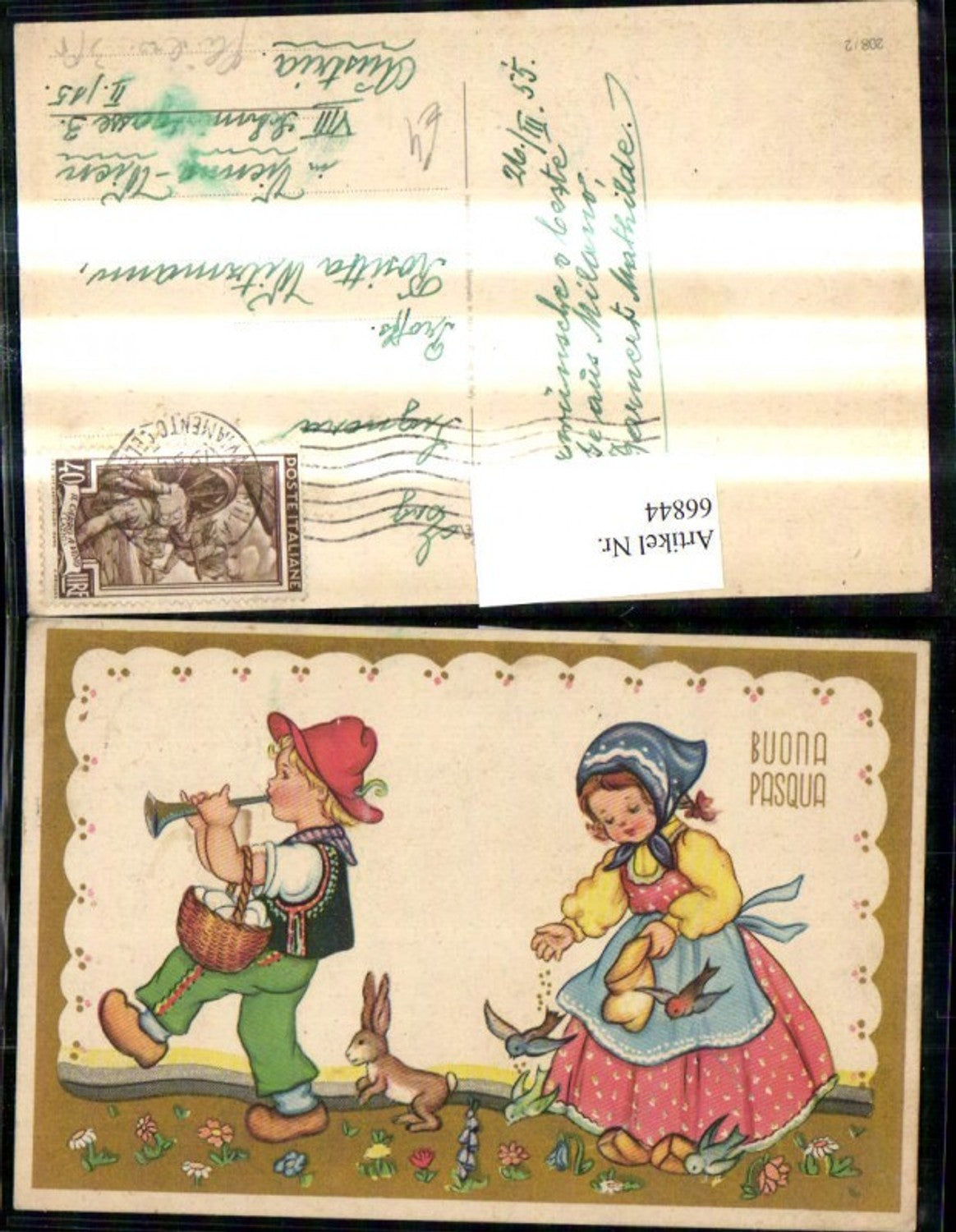 66844,Künstler Ak Ostern Bub m. Tröte Korb Ostereier Eier Mädchen füttert Vögel Hase Blumen