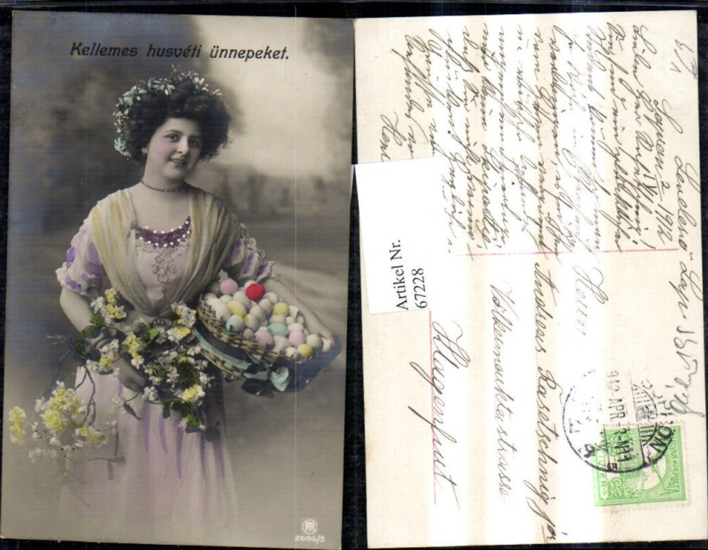 67228,Ostern Frau Korb Ostereier Eier Blumen Kellemes husveti ünnepeket pub RPH 2686/3
