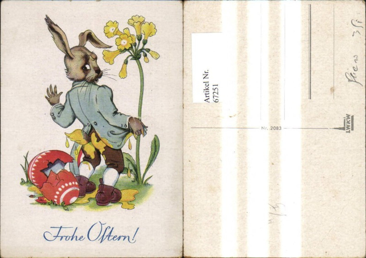 67251,Künstler Ak Ostern Hase i. Anzug Osterei Ei zerbrochen Dotter a. Hose Blume