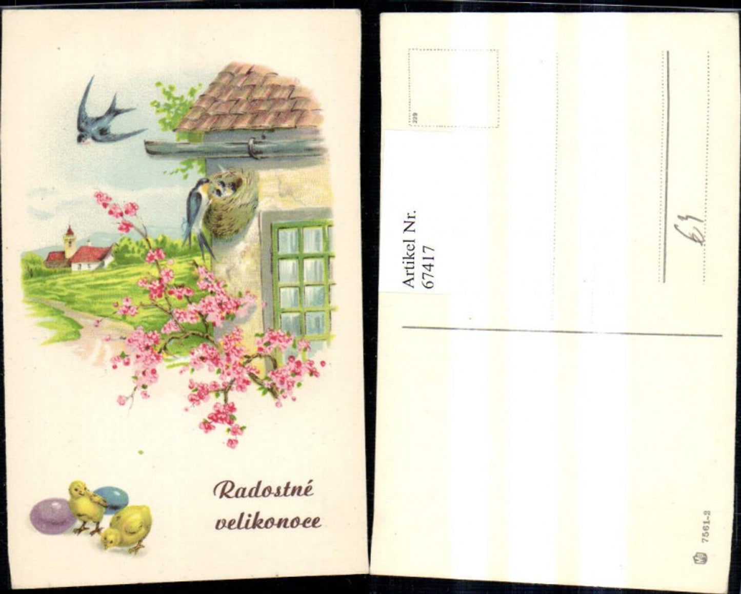 67417,Künstler Ak Ostern Schalben Nest a. Haus Blütenzweig Küken Ostereier Eier Radostne velikonoce