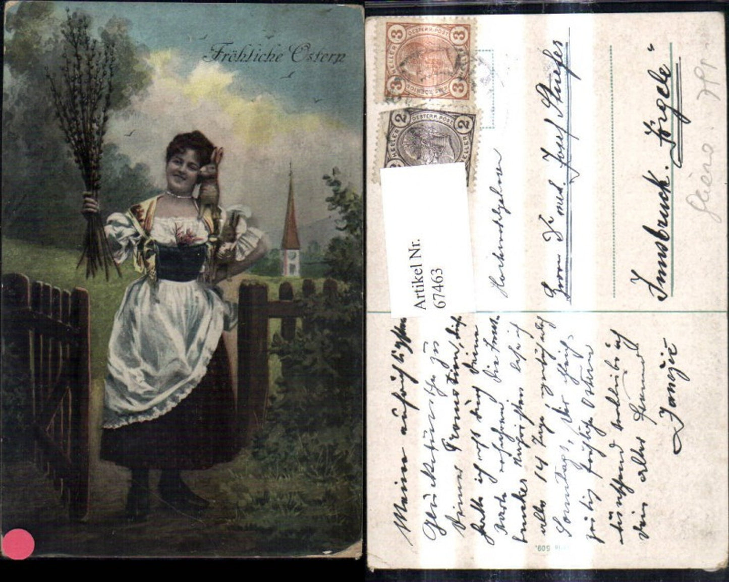 67463,Ostern Frau m. Hasen Arm u. Schulter Palmkätzchenzweige Strauß Kirche