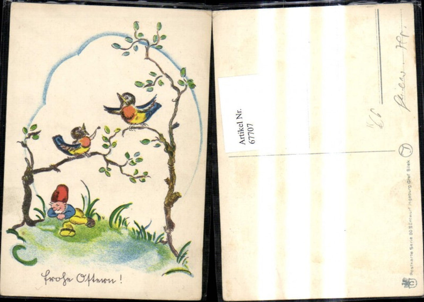 67707,Künstler Ak Ingeburg Graf Bilek Ostern Zwerg schläft unter Ast Vogel