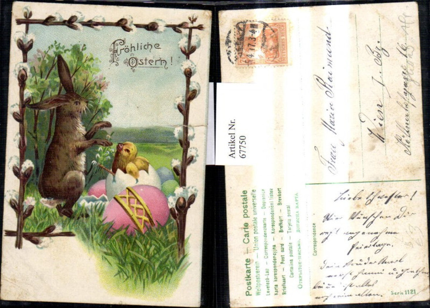67750,Künstler Litho Ostern Hase Eierschale Küken Ostereier Eier Passepartout Palmkätzchenzweige