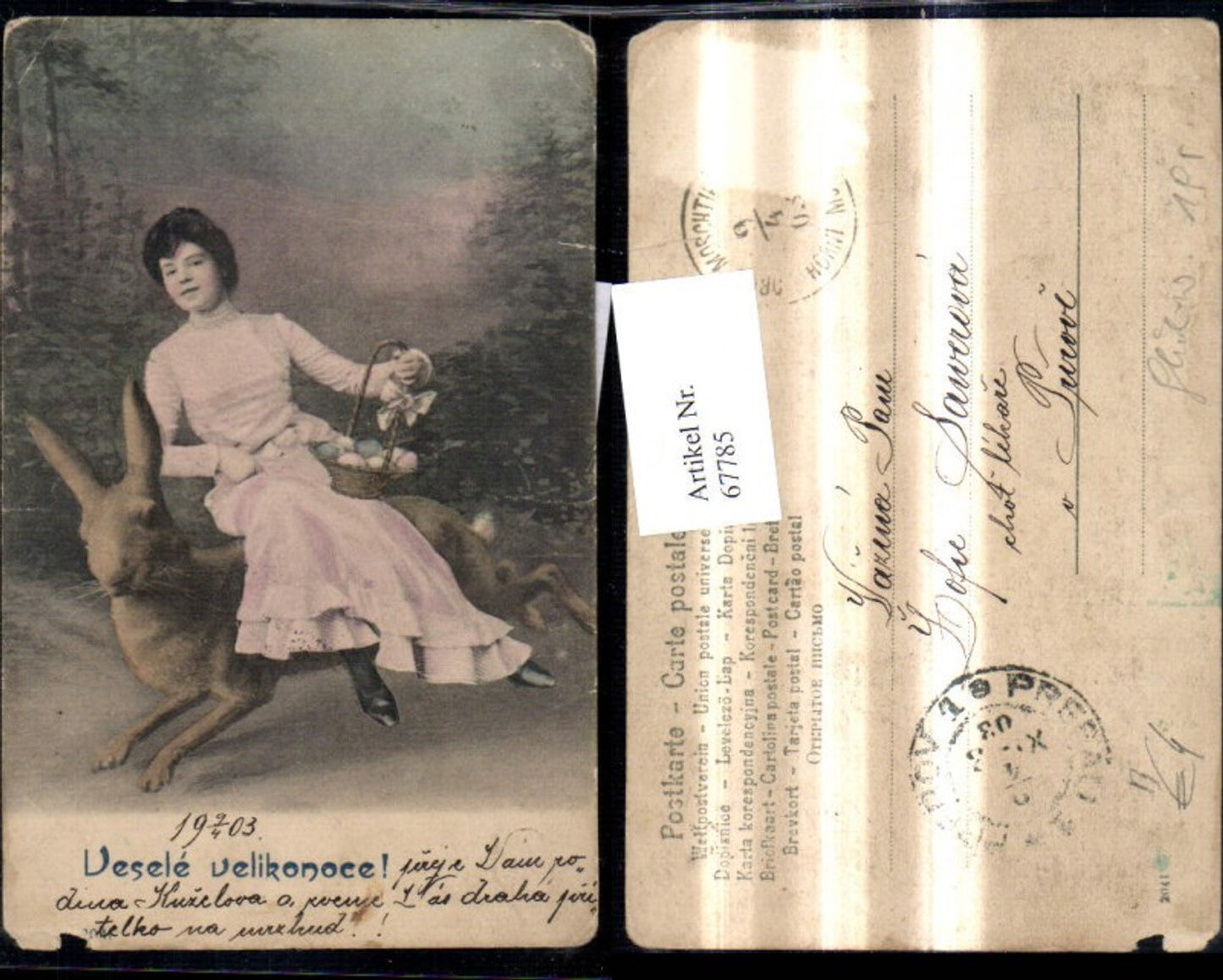 67785,Fotomontage Ostern Frau reitet a. Hasen Korb Ostereier Eier Vesele velikonoce