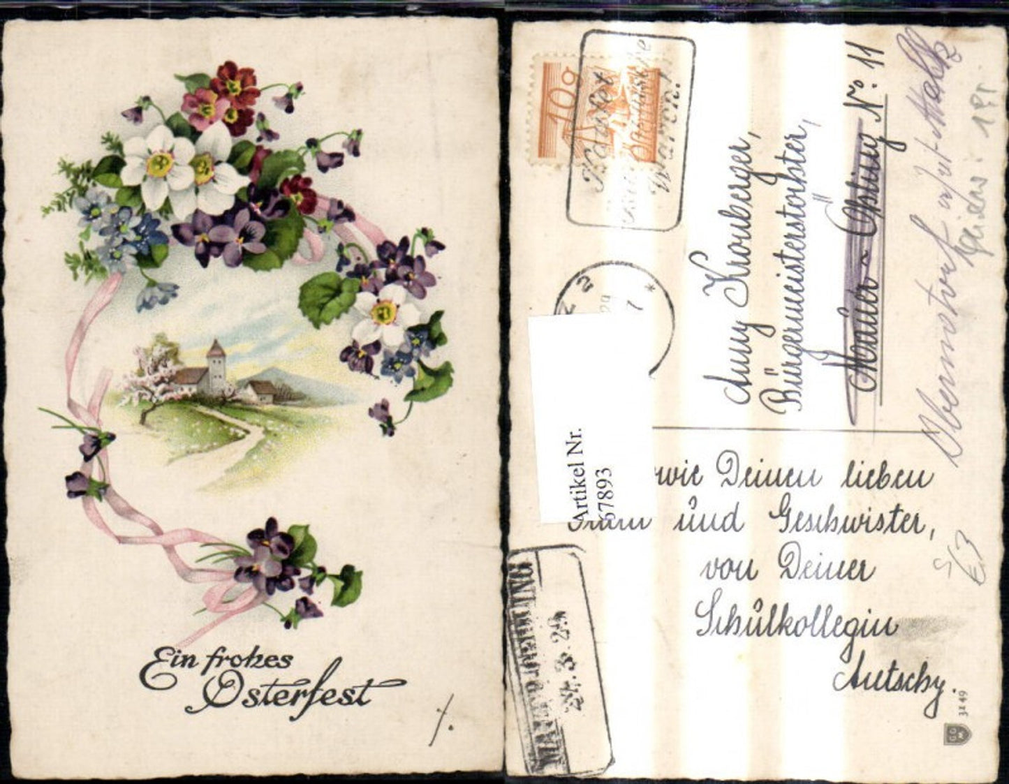 67893,Künstler Ak Ostern Kirche Dorf Strasse Blumen Ranke Schleife Stempel Mauer Öhling