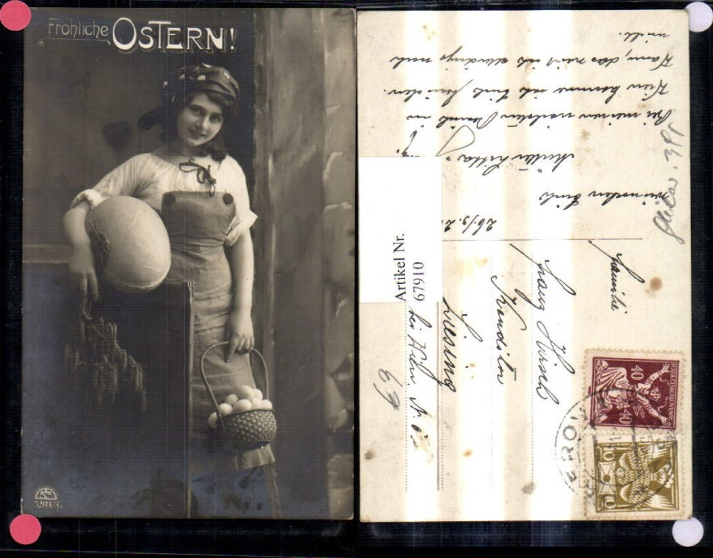 67910,Ostern Frau m. Ei Korb Eier Zweig Eierschachtel Schachtel
