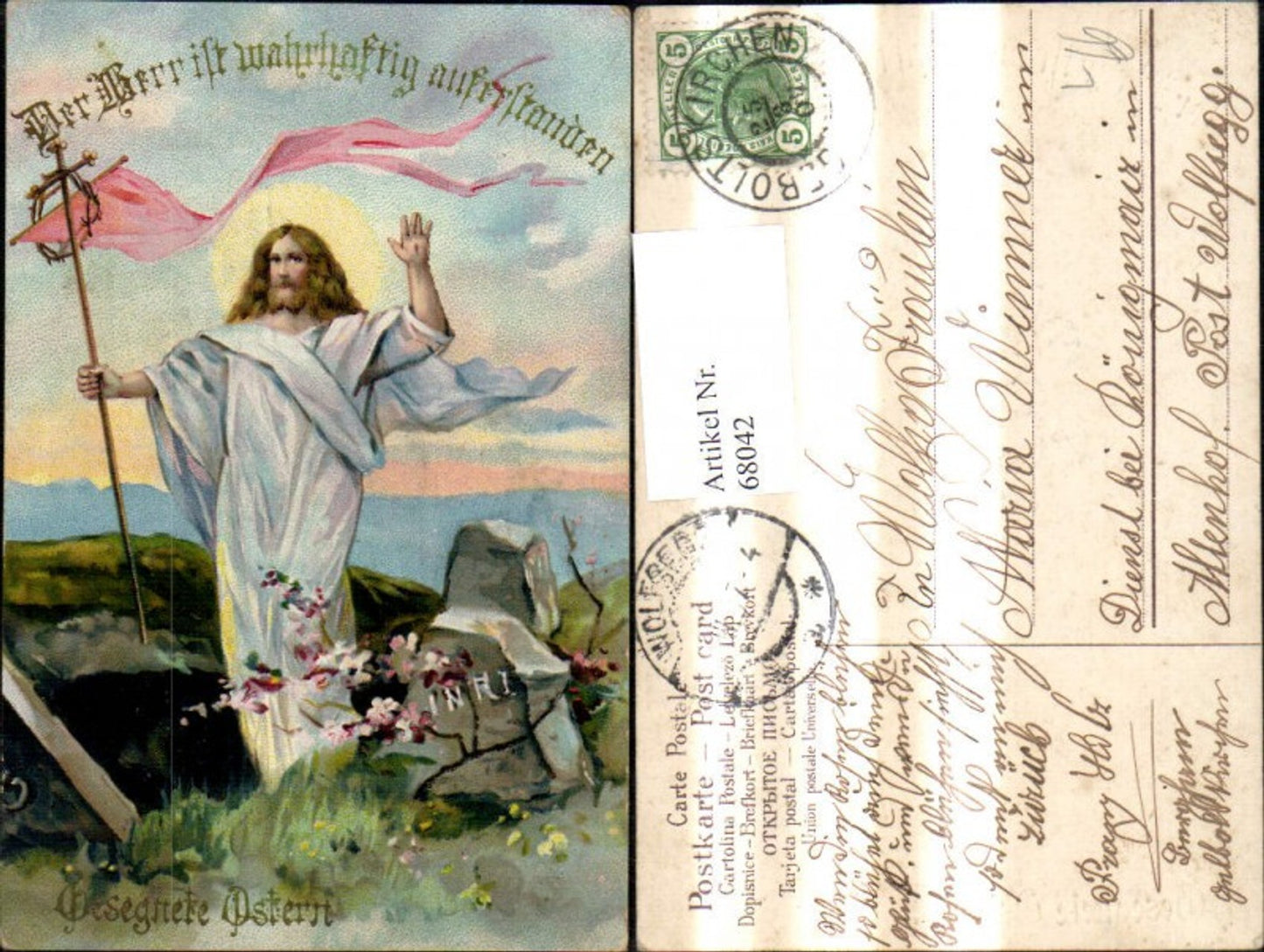 68042,Künstler Litho Ostern Jesus m. Stab Fahne Stein INRI Spruch Text