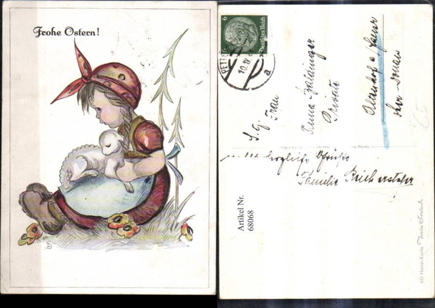 68068,Künstler Ak Ostern Mädchen m. Lamm pub Hansi Karte 412