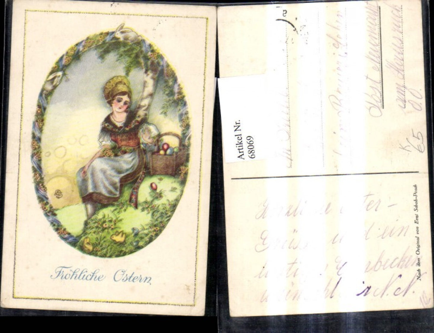 68069,Künstler Ak Erni Schob Posch Ostern Frau m. Goldhaube Tracht Korb Ostereier Eier Birke Passepartout Ei