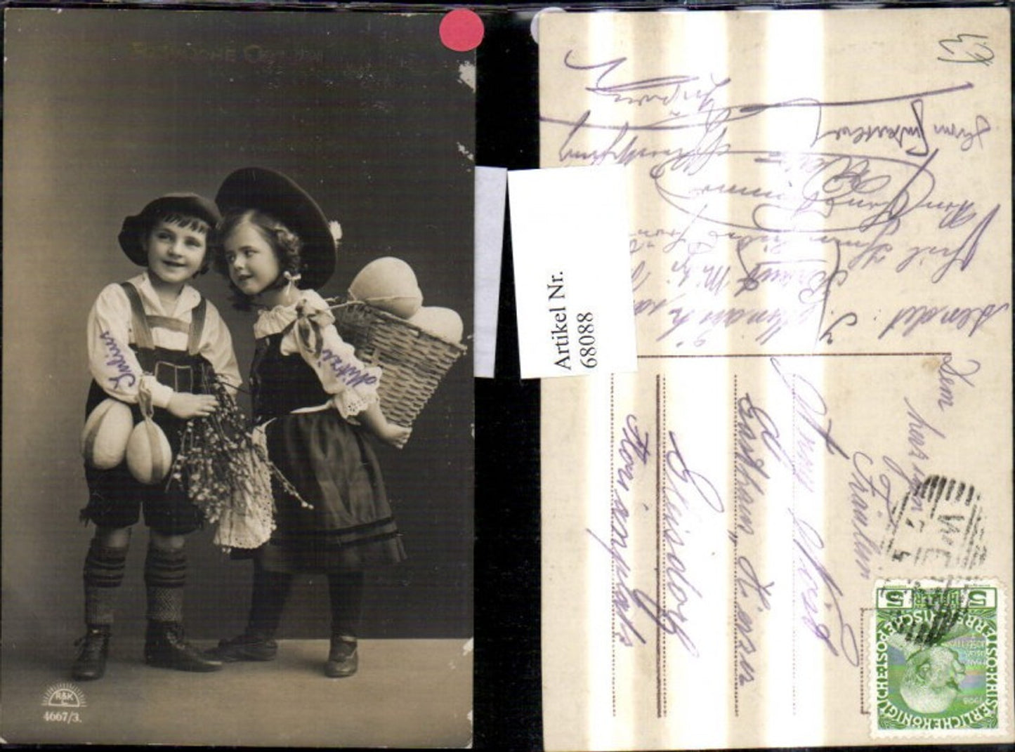 68088,Ostern Junge Mädchen Hut Tracht Rückenkorb Korb Ostereier Eier