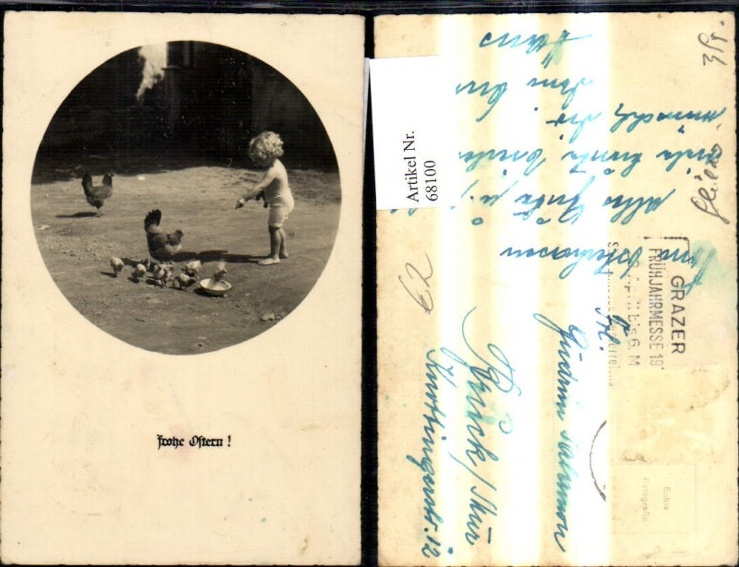 68100,Foto Ak Ostern Kind m. Hahn Hühner Küken Futterschale Passepartout