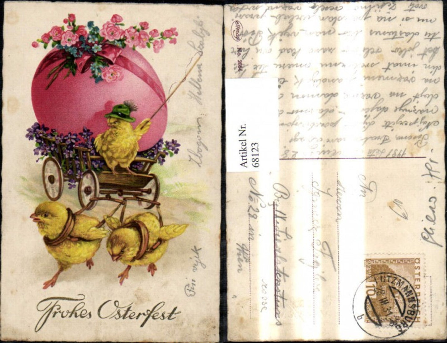 68123,Ostern Kutsche m. Küken a. Pferde Osterei Ei Blumen Schleife Goldschrift