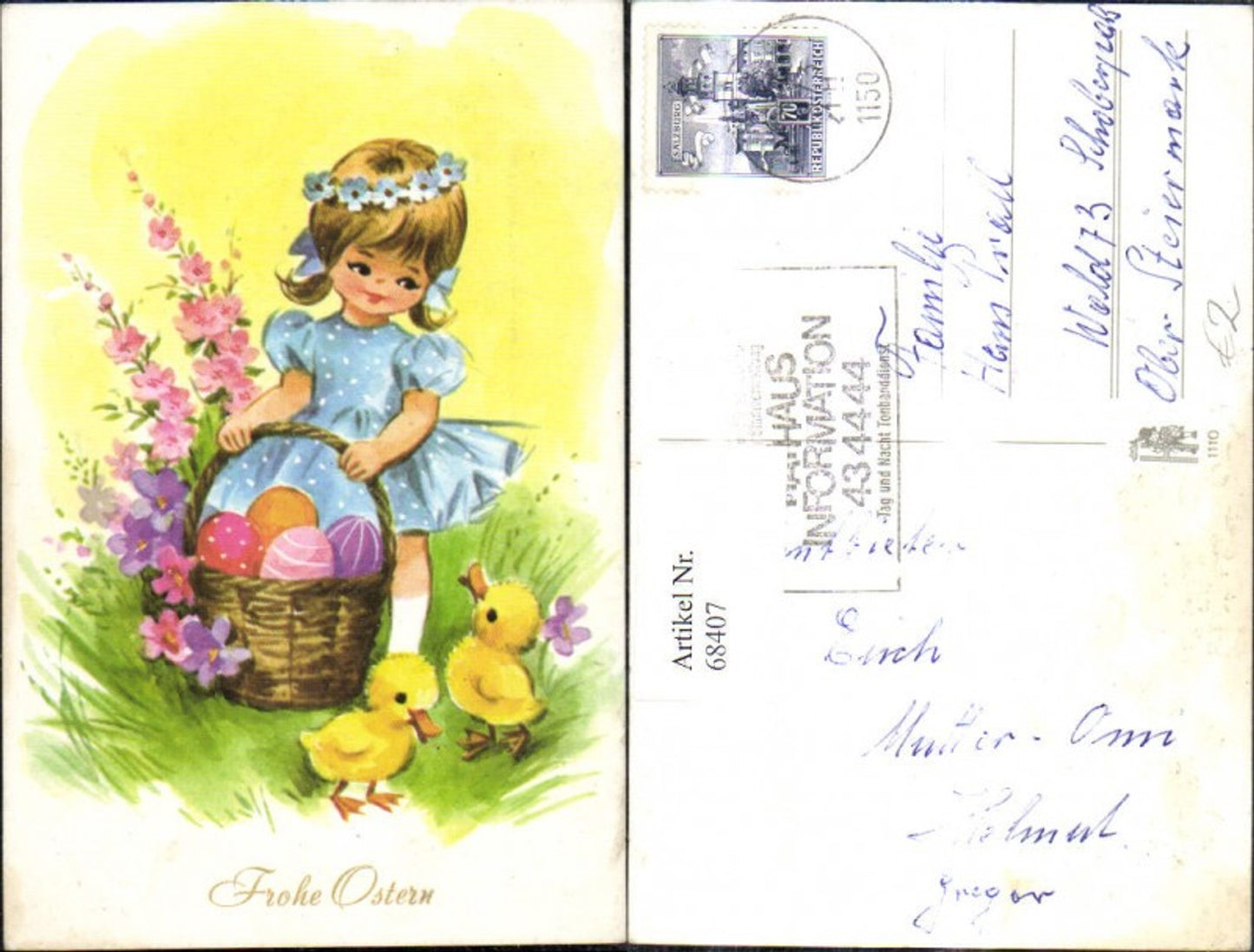 68407,Künstler Ak Ostern Mädchen m. Korb Ostereier Eier Küken Blumen Wiese