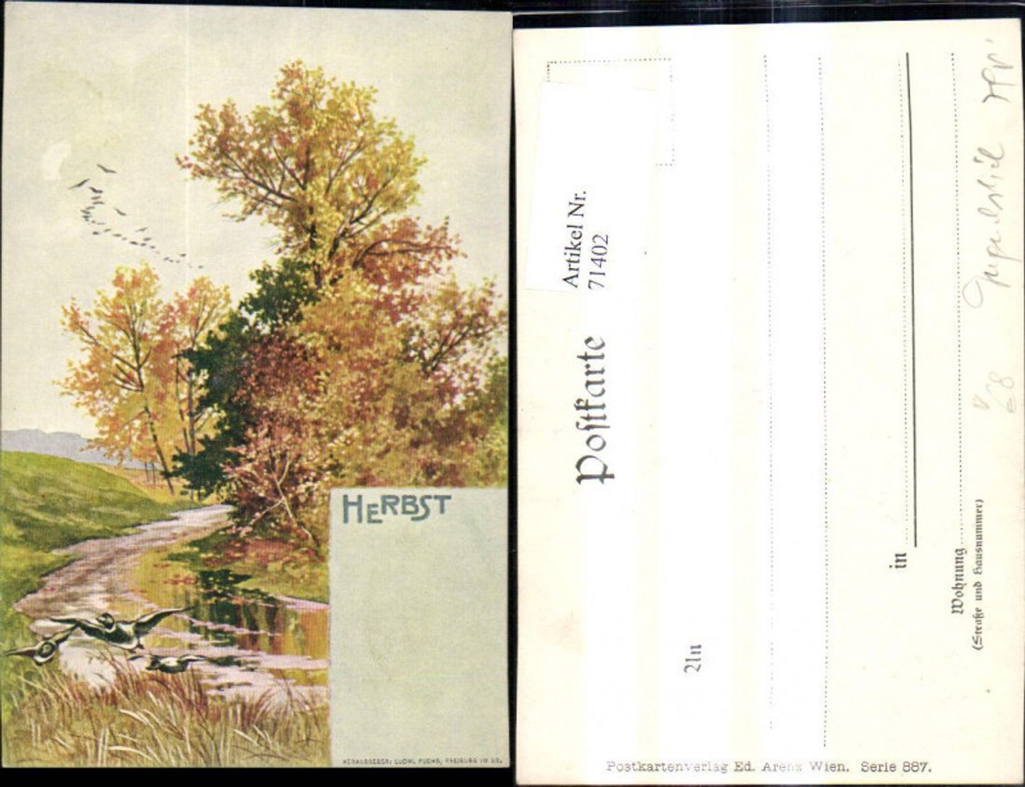71402,Jugendstil Herbst Landschaft Fluss Enten pub Ludwig Fuchs