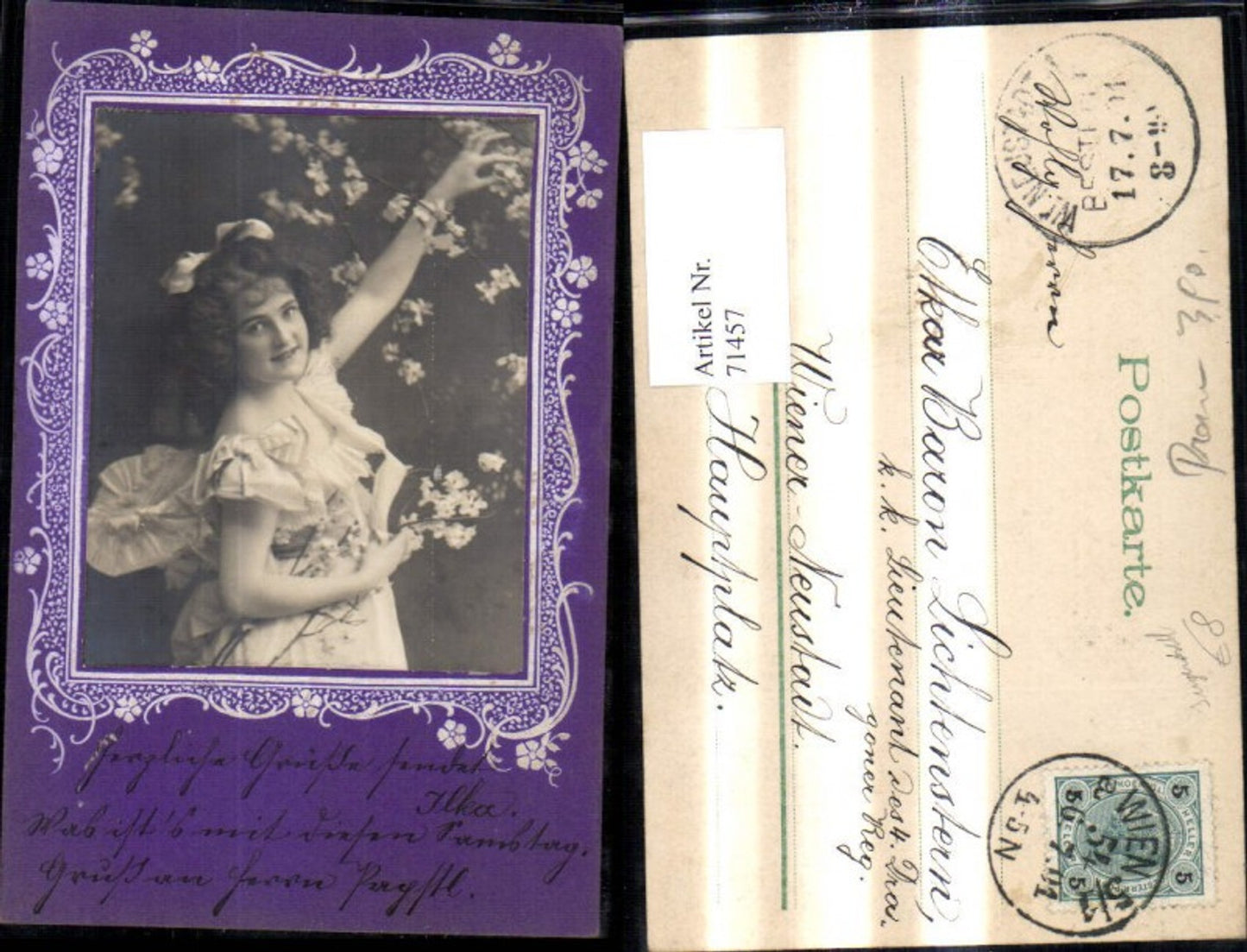 71457,Jugendstil Präge Ak Frau weisses Kleid Haarschleife Blumen Passepartout Ornament