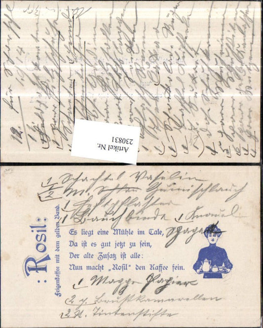 230831,Reklame Werbung Rosil Feigenkaffee m. d. Gelben Band Spruch Text Frau b. Tablett