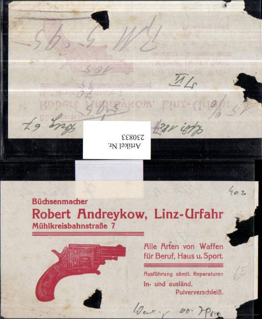 230833,Reklame Werbung Büchsenmacher Robert Andreykow Linz-Urfahr Waffen