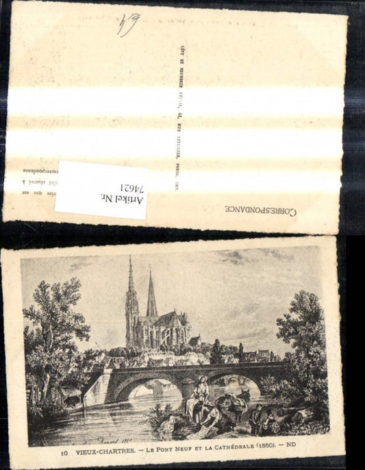 74621,Künstler Ak Vieux Chartres Le Pont Neuf et la Cathedrale 1850