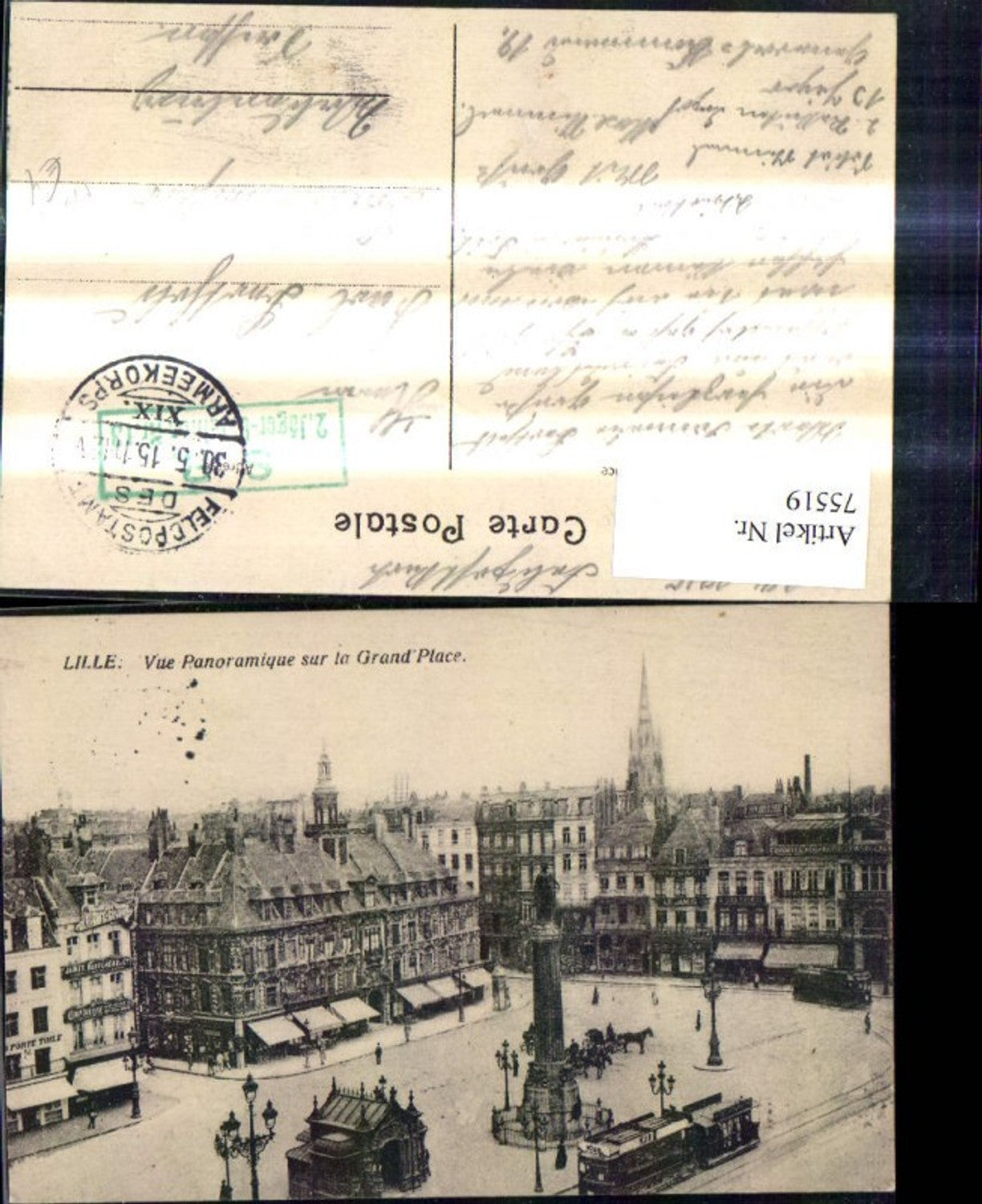 75519,Lille Vue Panoramique sur la Grand Place Strassenbahn Feldpostamt d. XIX Armeekorps