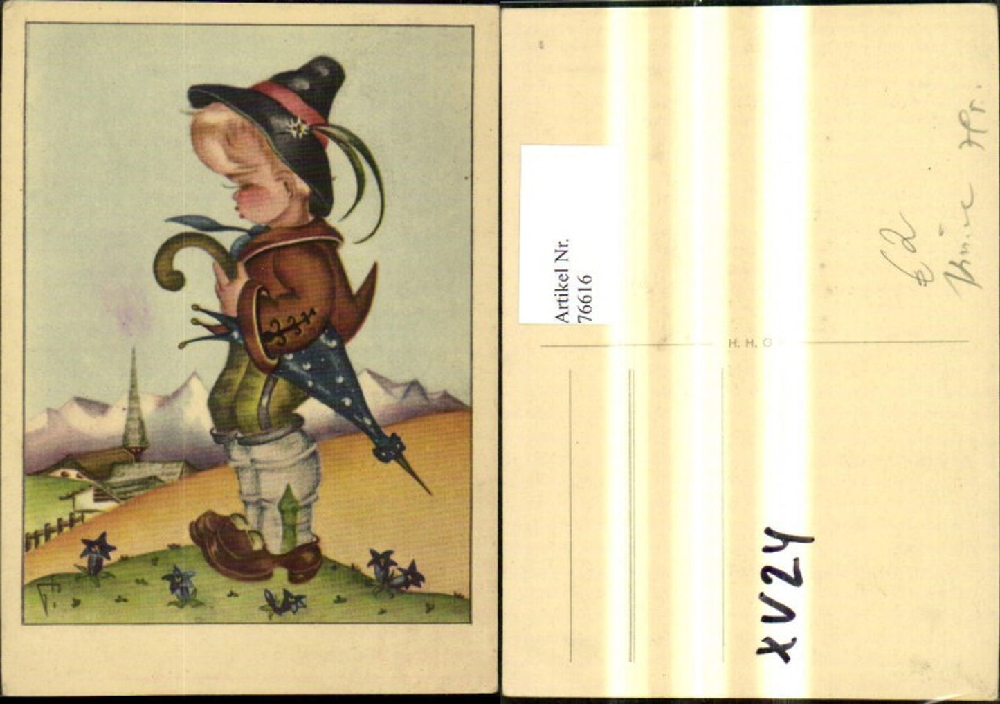 76616,Künstler Ak Bub Junge i. Tracht Regenschirm Schirm Tiroler Hut Bergkulisse Enzian