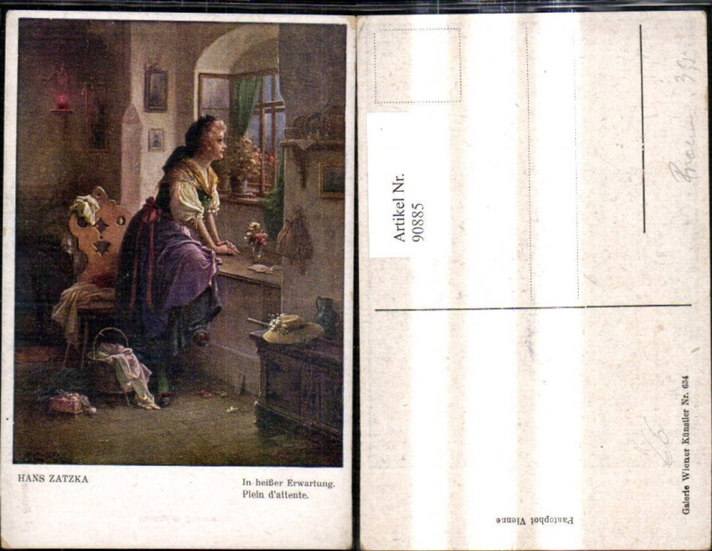 90885,Künstler Ak Hans Zatzka In heißer Erwartung Frau a. Fenster