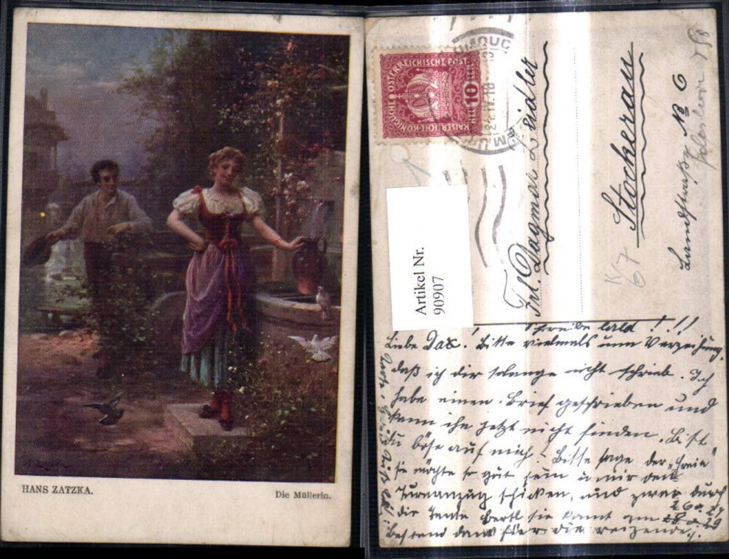 90907,Künstler Ak Hans Zatzka Die Müllerin Frau a. Brunnen Krug Tauben