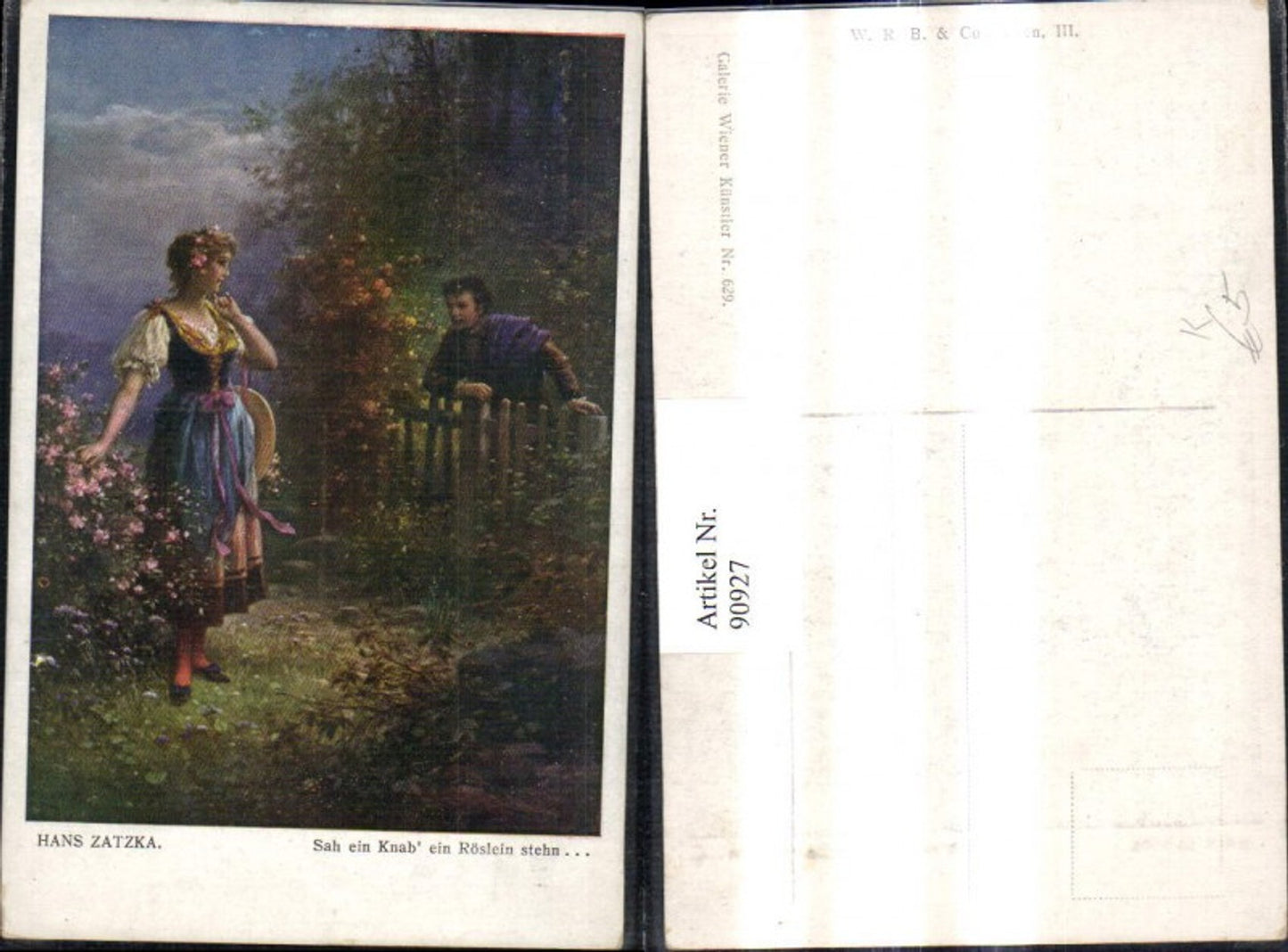 90927,Künstler Ak Hans Zatzka Sah ein Knab ein Röslein stehn Frau Mann a. Zaun