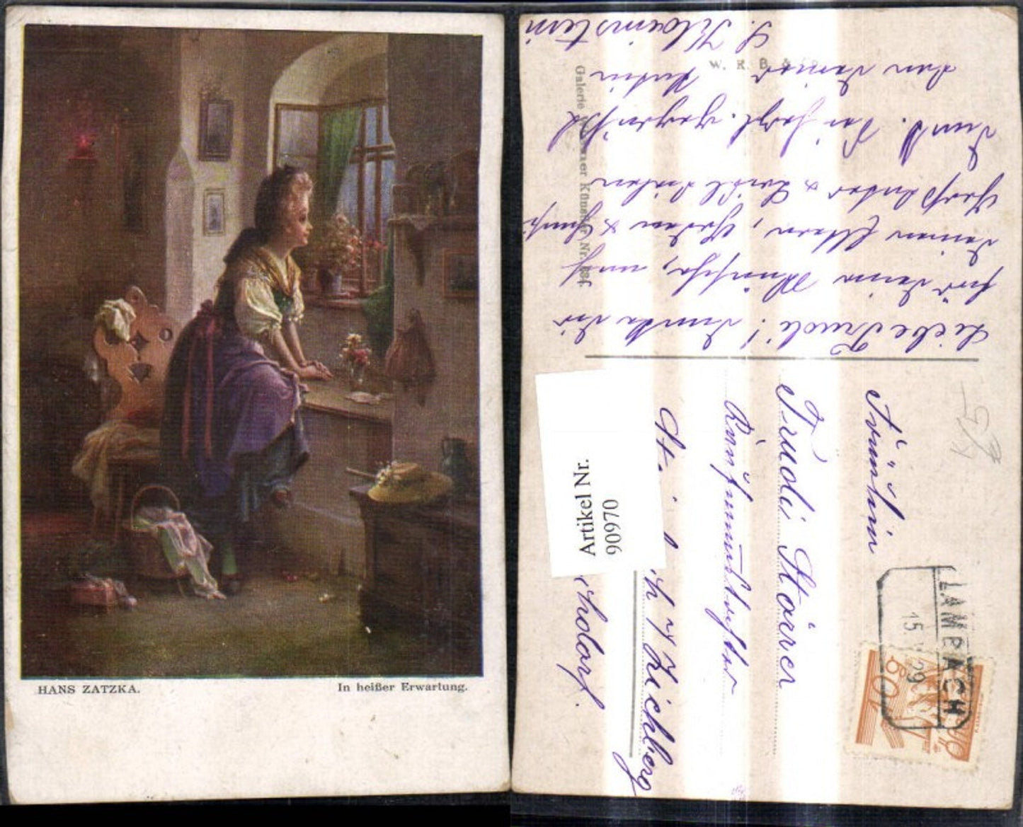 90970,Künstler Ak Hans Zatzka In heißer Erwartung Frau a. Fenster