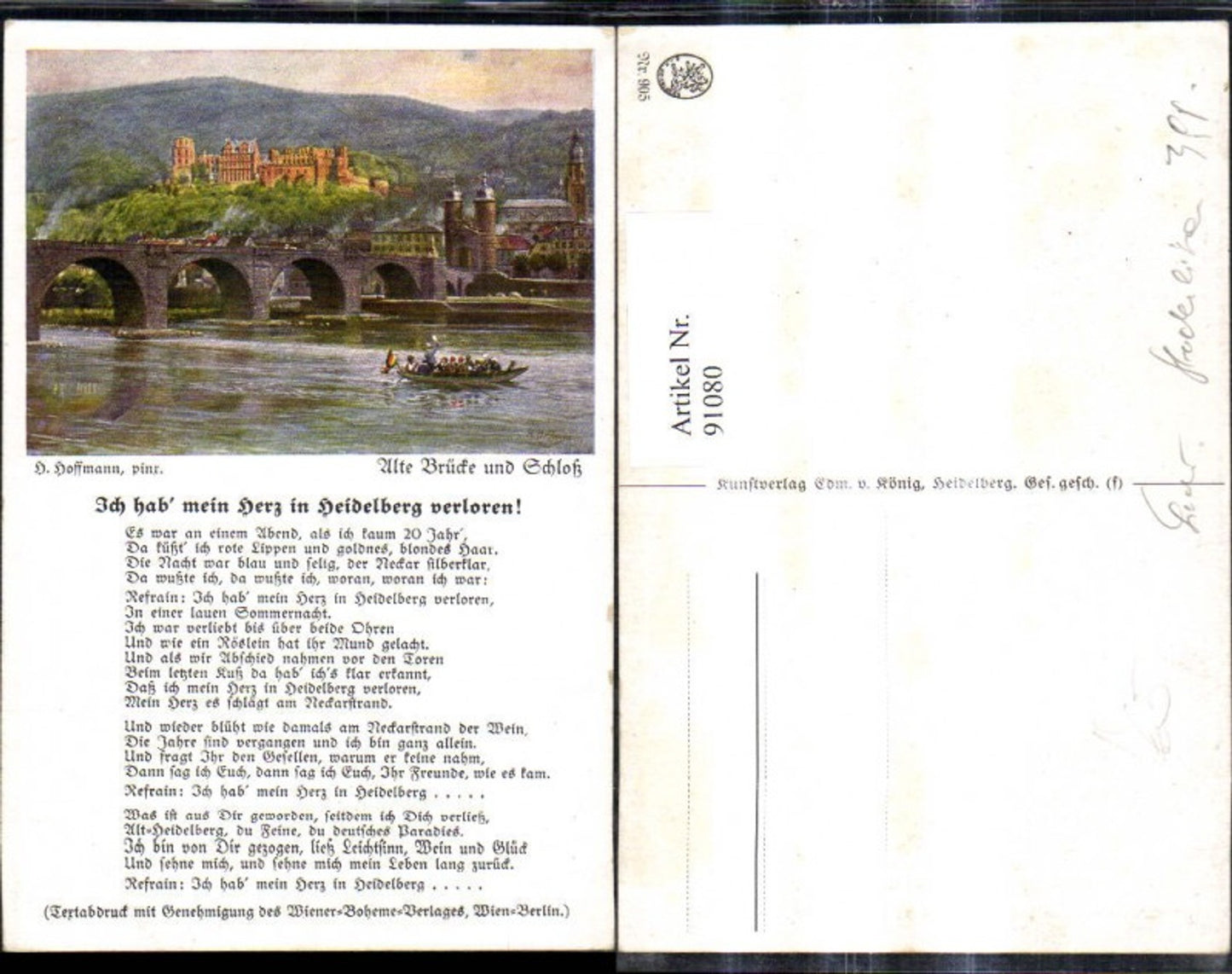 91080,Künstler Ak Heinrich Hoffmann Liedkarte Ich hab mein Herz i. Heidelberg verloren Text Brücke Schloß