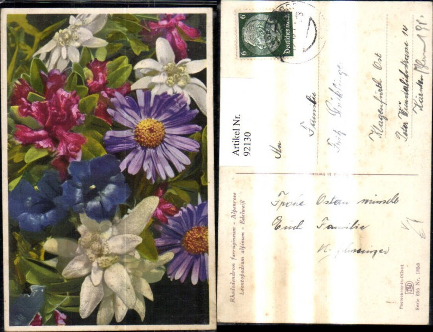 92130,Photochromie Nenke & Ostermaier 655/1858 Alpenrose Edelweiß Blumen