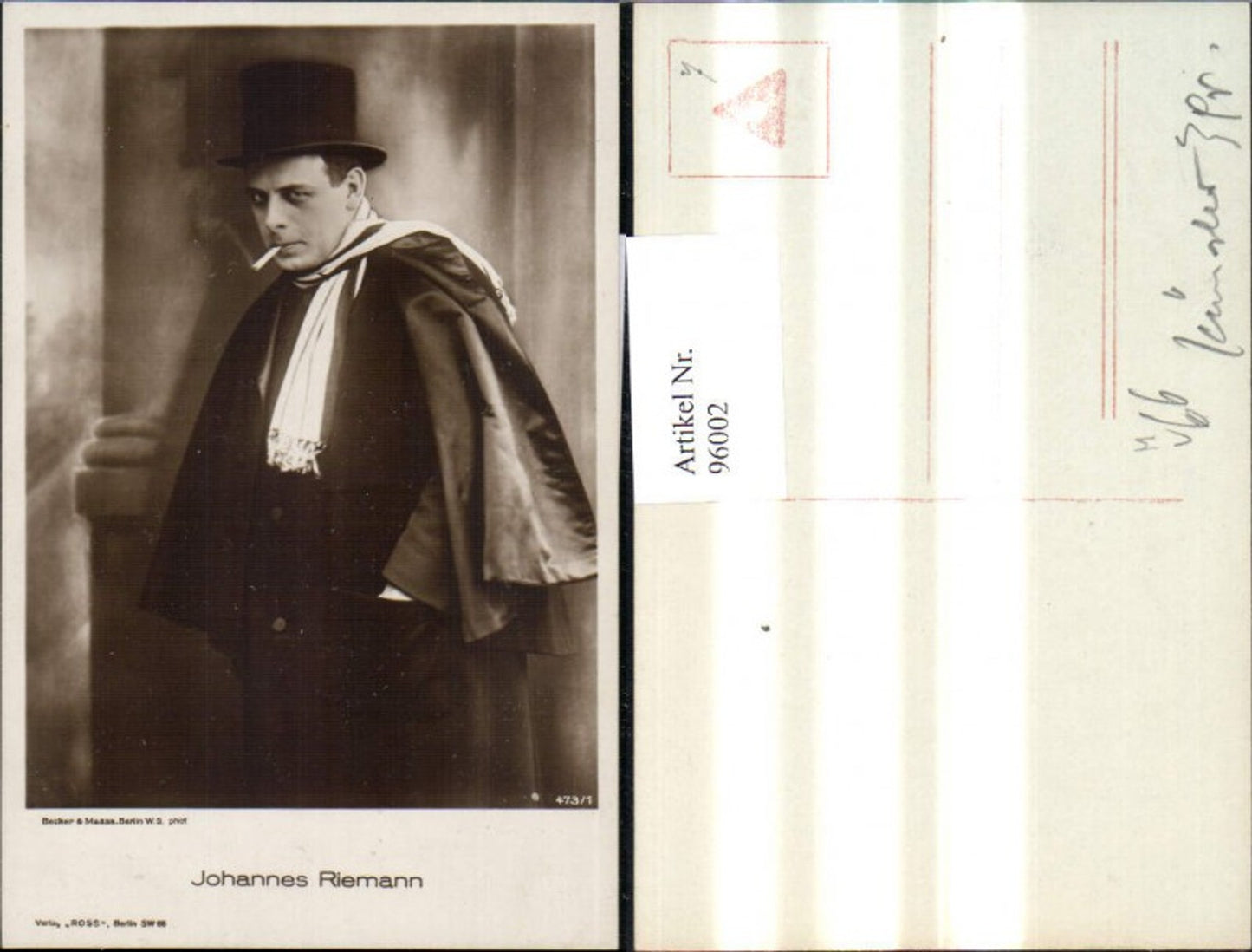96002,Johannes Riemann Schauspieler Frack Zylinder Zigarette pub Ross 473/1