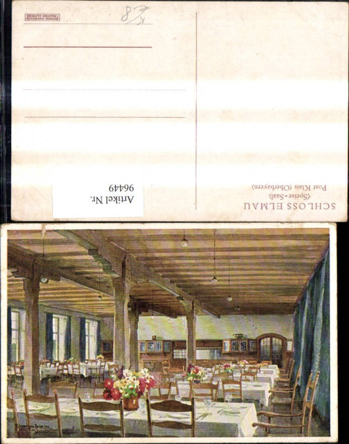96449,Künstler Ak E.H. Compton Schloss Elmau Speisesaal Post Klais Oberbayern