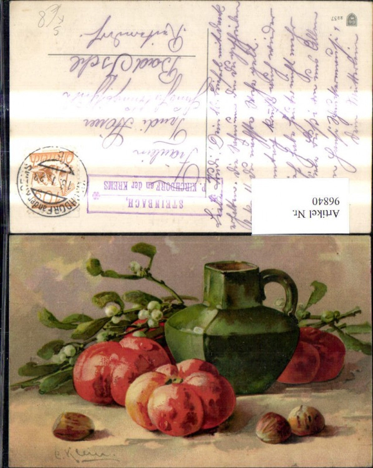 96840,Künstler Ak Catharina Klein Stillleben Krug Kürbisse Postablage Steinbach P. Kirchdorf a. d. Krems