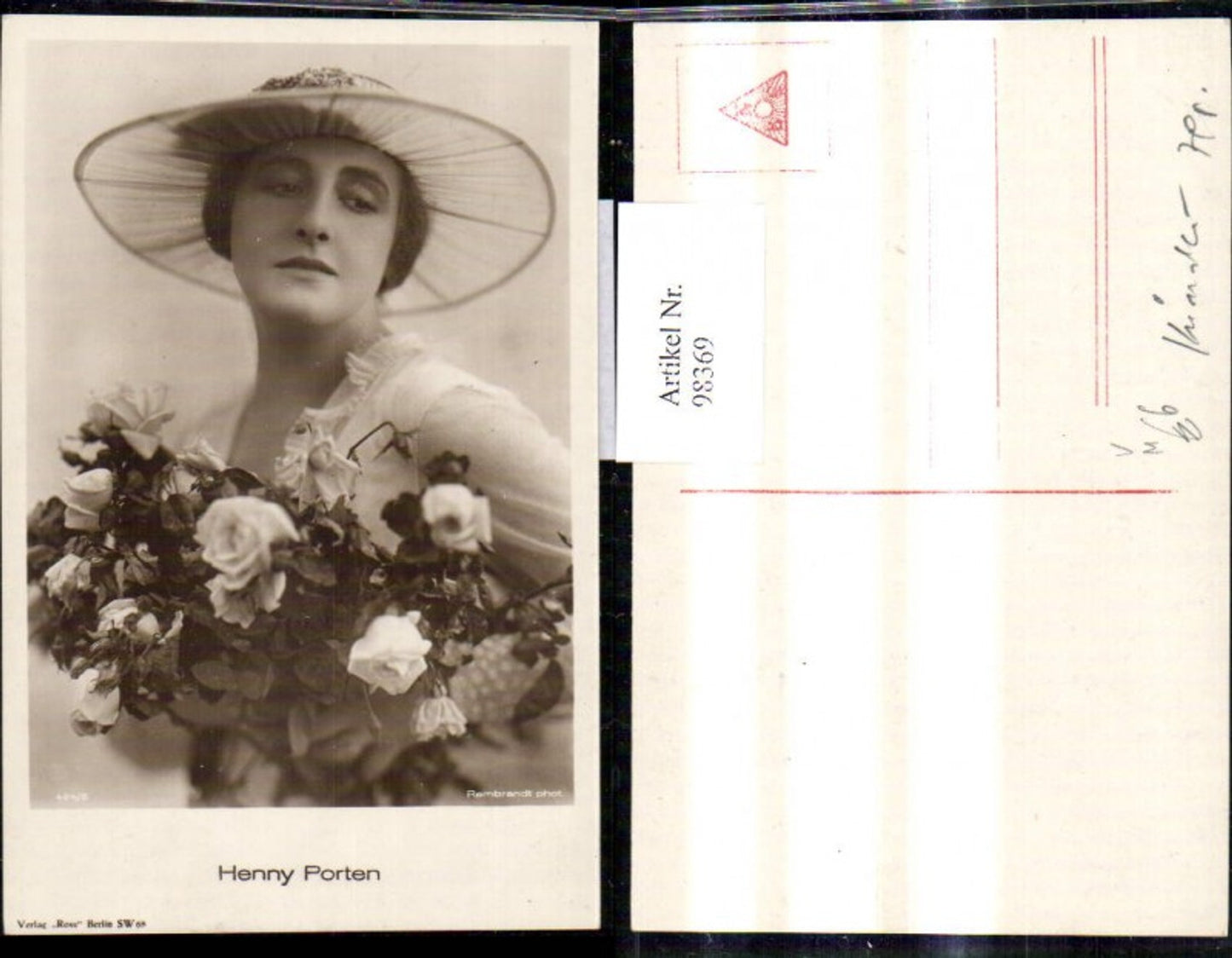 98369,Henny Porten Schauspieler Hut Rosen Strauß pub Ross 424/2
