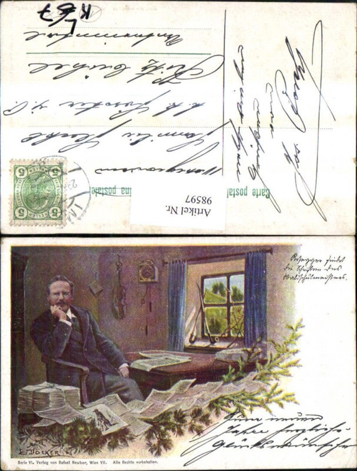 98597,Künstler Litho E. Döcker jun. Rosegger Schriftsteller m. Papier Seiten