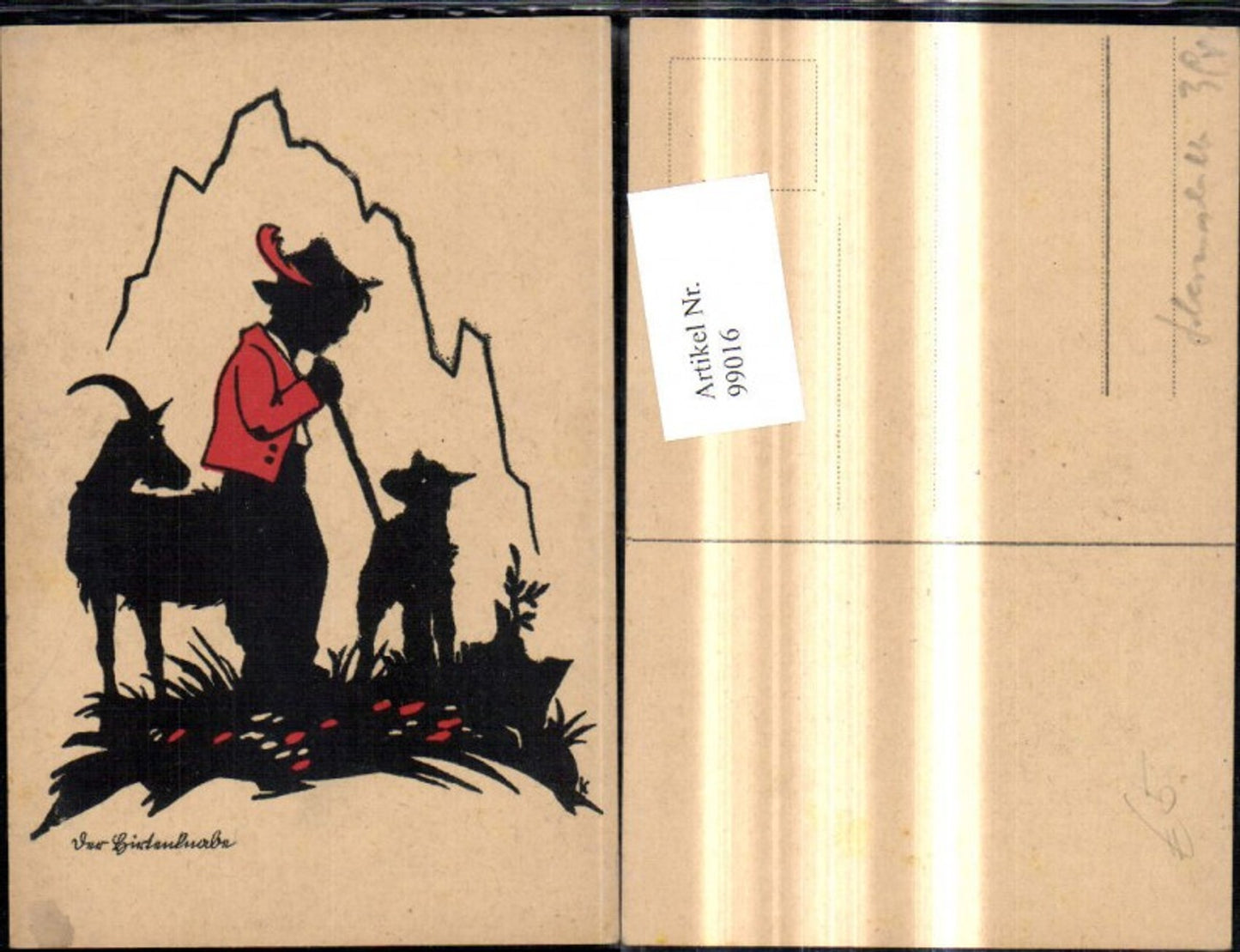 99016,Scherenschnitt Silhouette Hirtenknabe Bub Junge Hirte Ziegen Berg