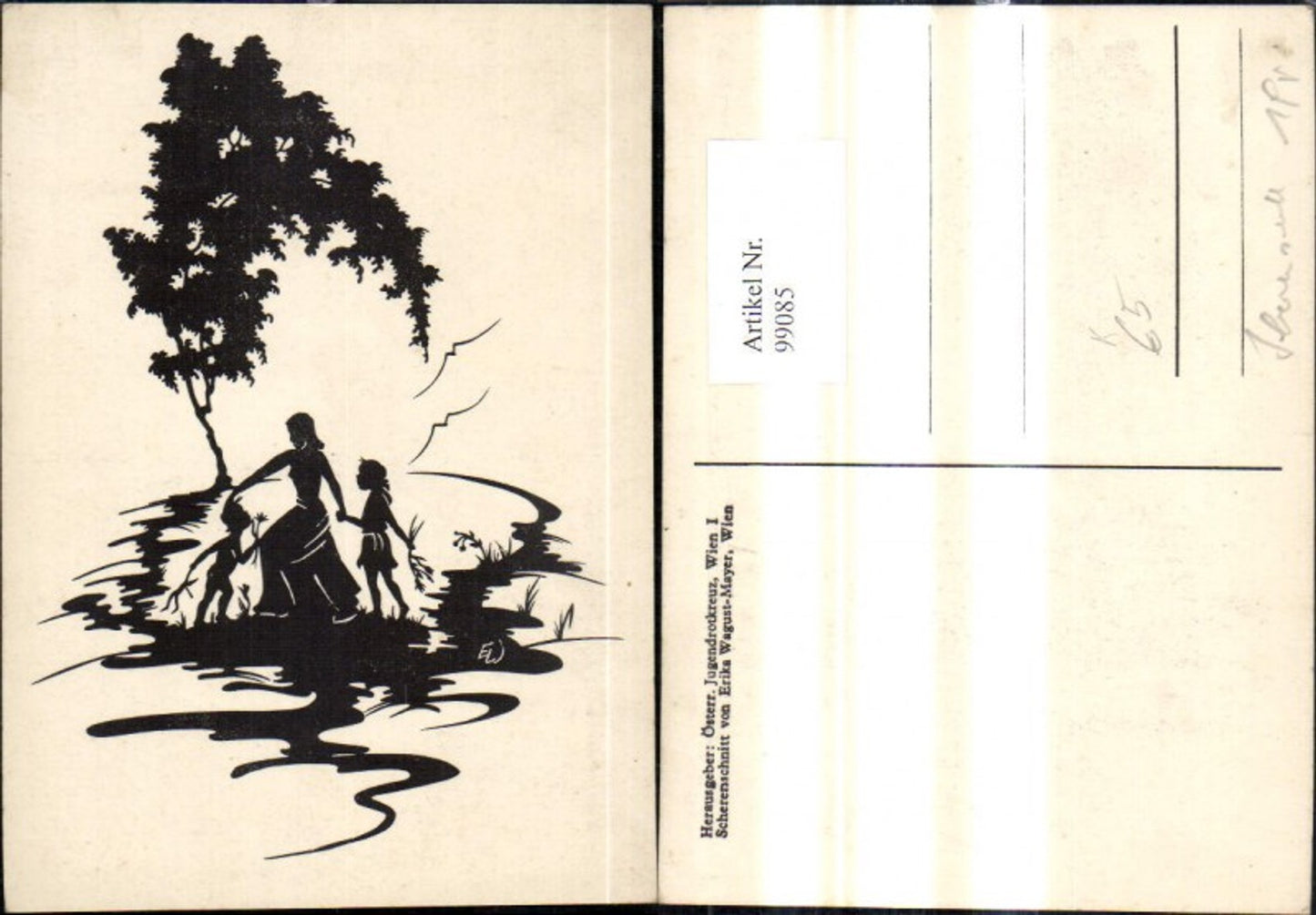 99085,Künstler Ak Erika Wagust Scherenschnitt Silhouette Frau Kinder Blumen Baum
