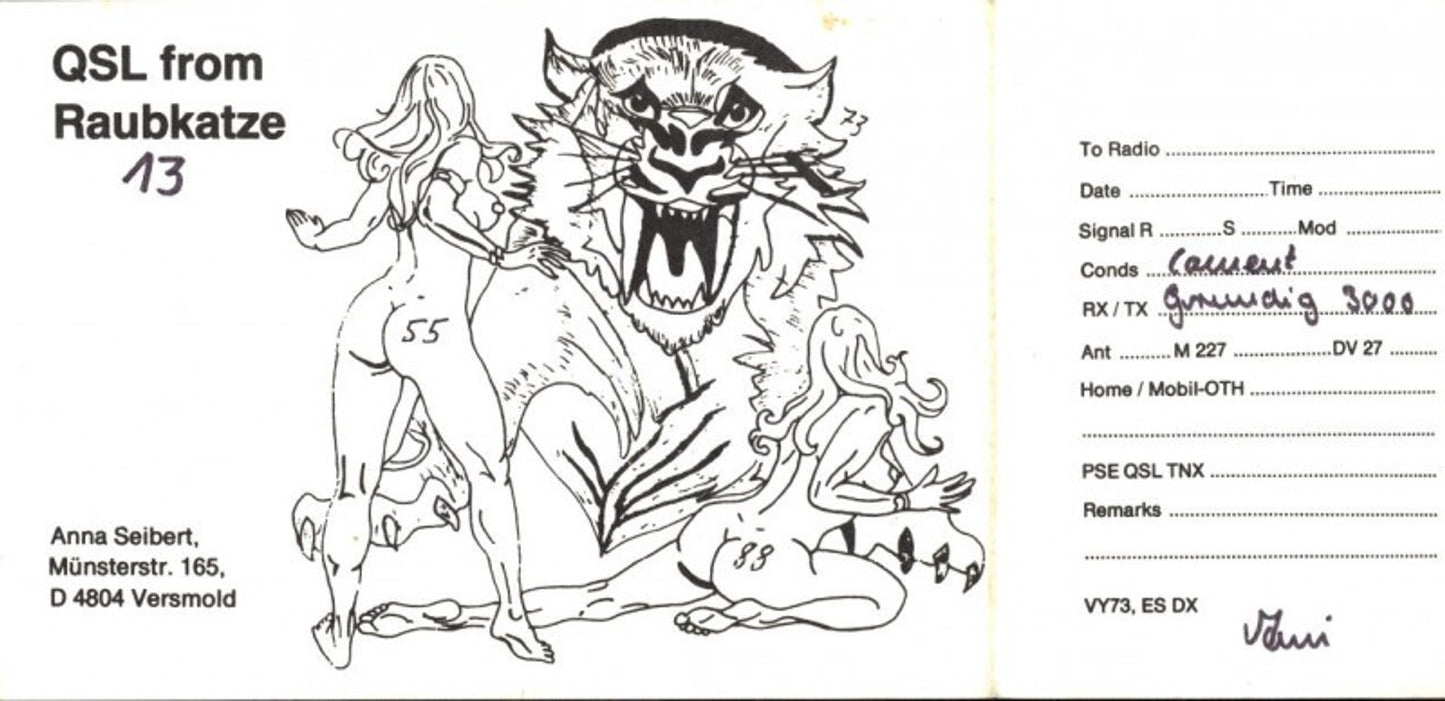 100404,QSL CB Karte Versmold Raubkatze 13 Stempel QSL Club Extertaler Burgstall Pauer Lilli Club