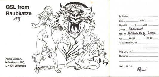 100404,QSL CB Karte Versmold Raubkatze 13 Stempel QSL Club Extertaler Burgstall Pauer Lilli Club