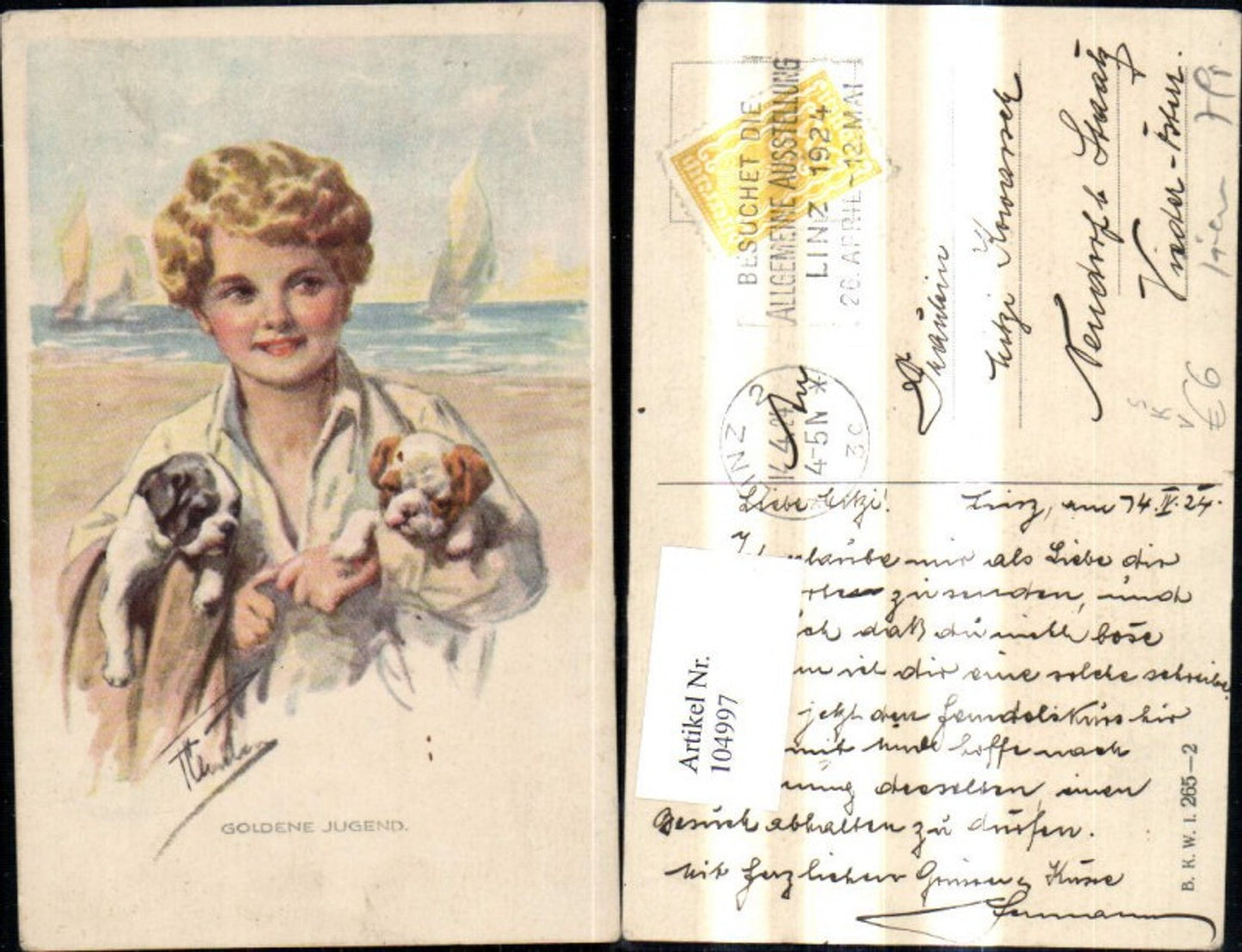 104997,Künstler Ak Tiere Hunde Welpen Kind Stempel Besuchet d. Allgem. Ausstellung Linz 1924 pub B.K.W.I. 265/2