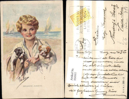 104997,Künstler Ak Tiere Hunde Welpen Kind Stempel Besuchet d. Allgem. Ausstellung Linz 1924 pub B.K.W.I. 265/2