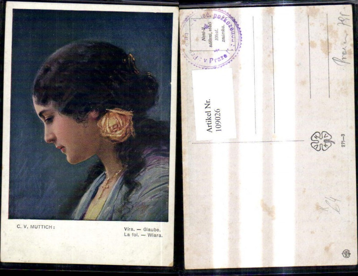 109026,Künstler Ak C. V. Muttich Vira Glaube La foi Wiara Frau Rose i. Haar