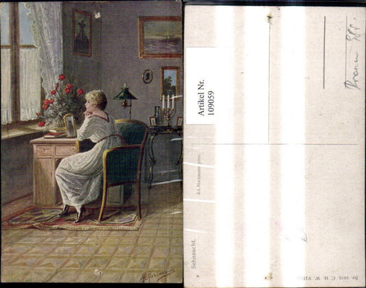 109059,Künstler Ak Ad. Hartmann Sehnsucht Frau Tisch Blick a. Fenster