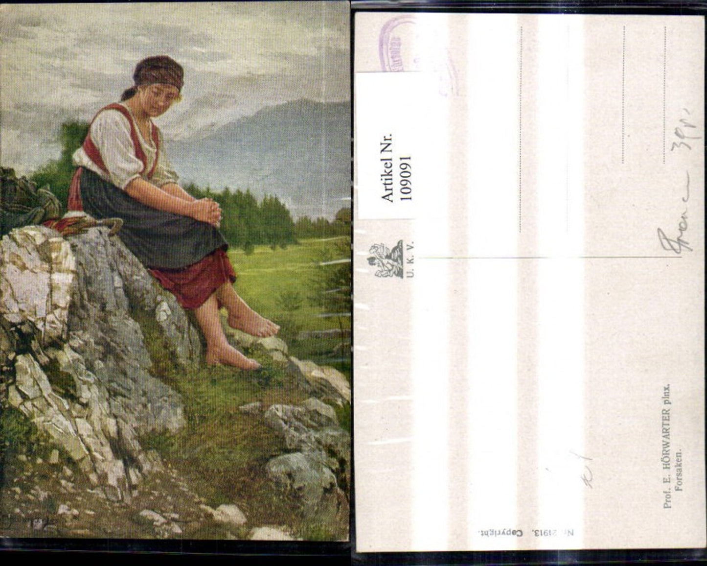 109091,Künstler Ak E. Hörwarter Forsaken Frau Tracht a. Stein