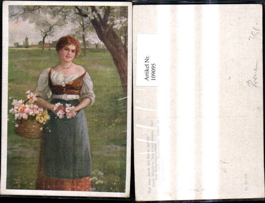 109095,Künstler Ak Frau Tracht Dirndl m. Blumenkorb Korb Blumen b. Baum