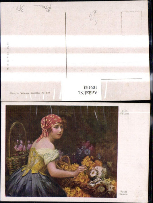 109133,Künstler Ak Rud. Fuchs Kauft Blumen Frau Korb Kopftuch